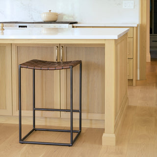 Clarissa Dark Brown Woven Leather Seat with Black Iron Frame Counter Stool