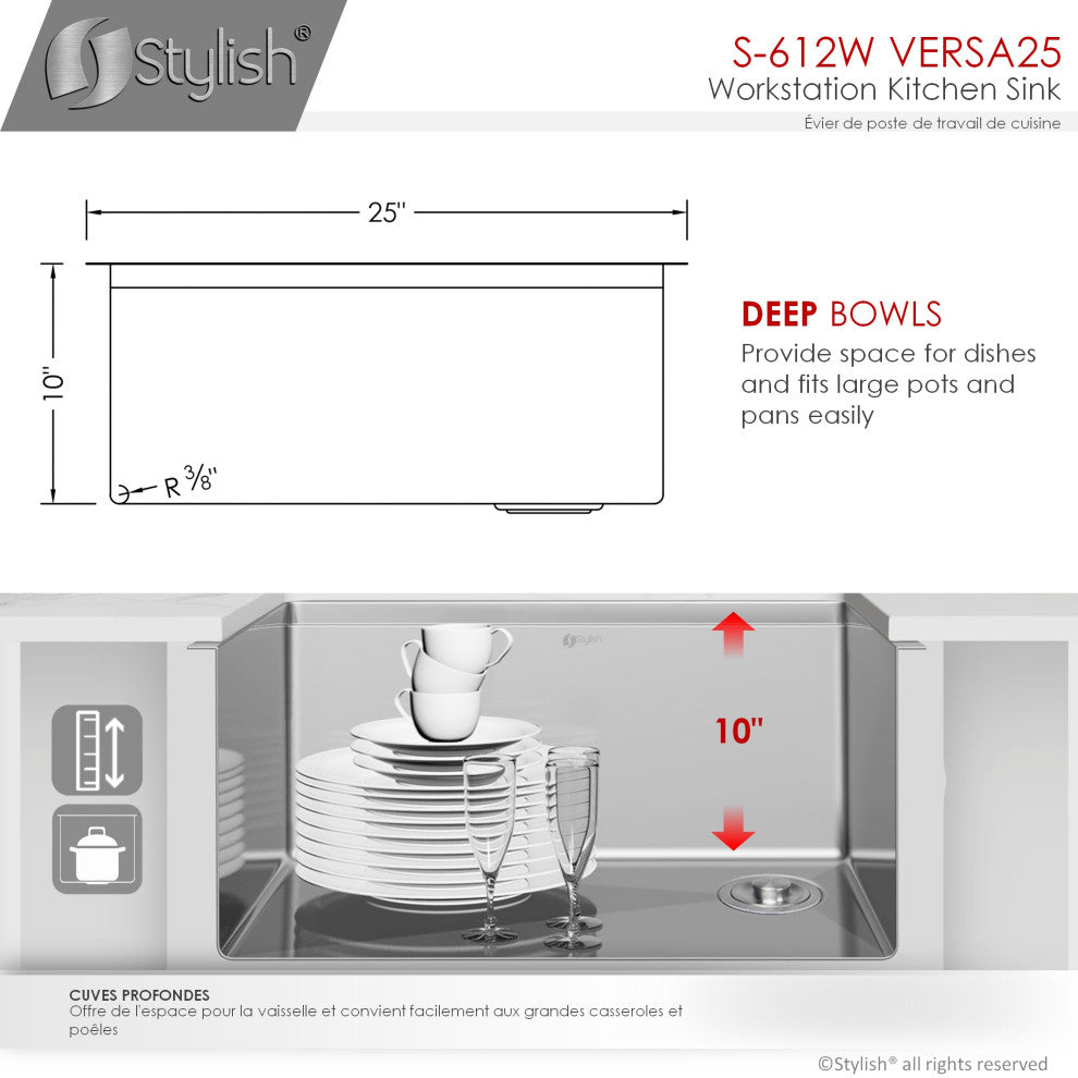 STYLISH 25 L x 19 W-inch Undermount Single Bowl 16G Kitchen Sink Workstation