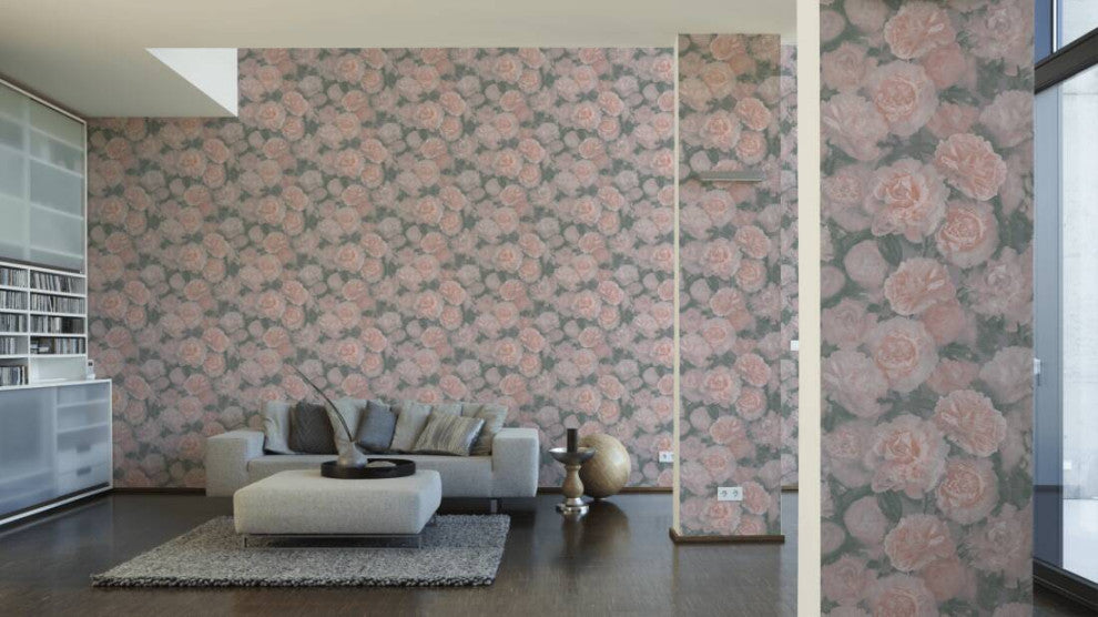 Floral Textured Wallpaper, Peony Flowers, 374021, Pink Rose Gray, 1 Roll