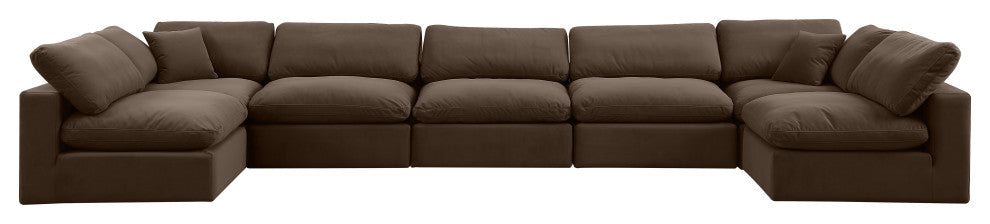 Comfy Upholstered U-Shaped Modular Sectional, Brown, 7-Piece: 5 Armless Chair, 2 Corner Chair, Velvet