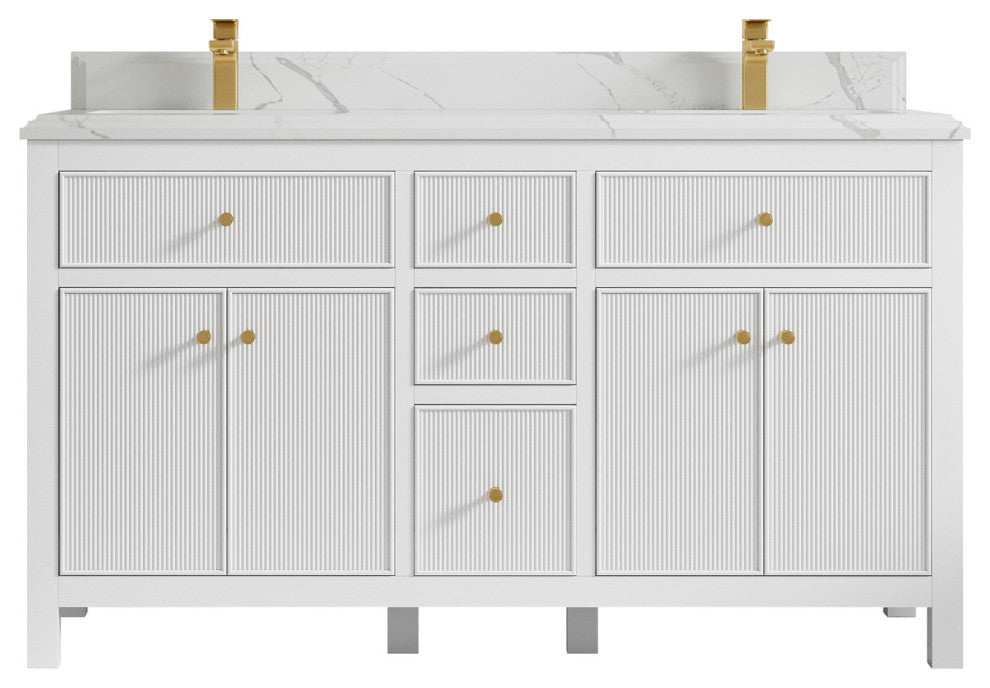 Sonoma 60 Double Sink Reeded Bathroom Vanity in White 1.5" Calacatta Laza