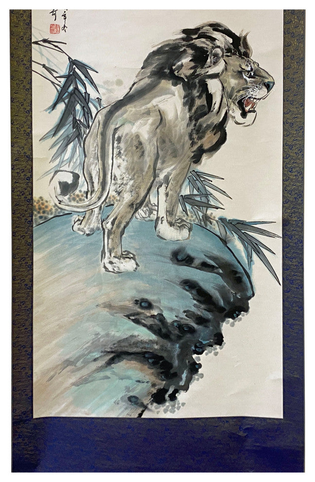Chinese Black White Ink Lion Theme Scroll Painting Original Wall Art Hws1888