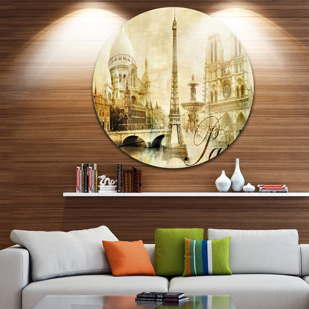 Old Beautiful Paris, Cityscape Digital Round Metal Wall Art, 23"
