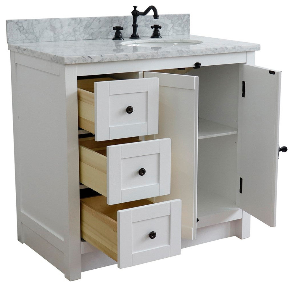 37" Vanity, Glacier Ash, White Carrara Top, Right Doors/Right Oval Sink