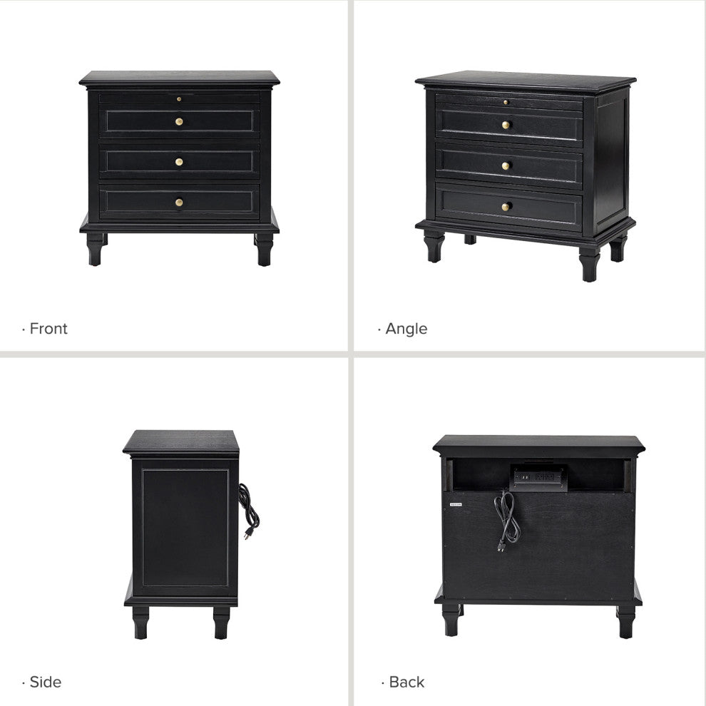 3-Drawer Nightstand With  Built-In Outlets, Black