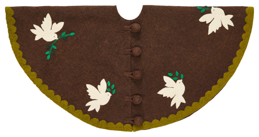 Doves on Brown Christmas Tree Skirt in Hand Felted Wool - 60"