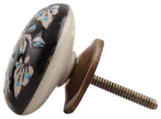 Set of 4 Embossed Flat Ceramic Knobs with White Floral Pattern