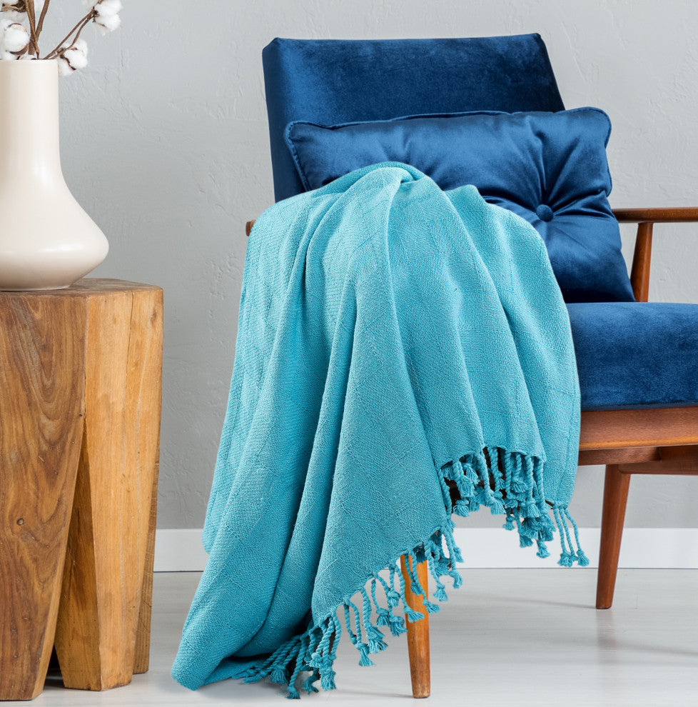 Checkered Weave Throw Blanket with Fringe, Angel Blue