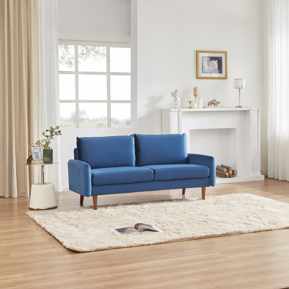 Blue Contemporary Velvet Sofa With Side Pockets
