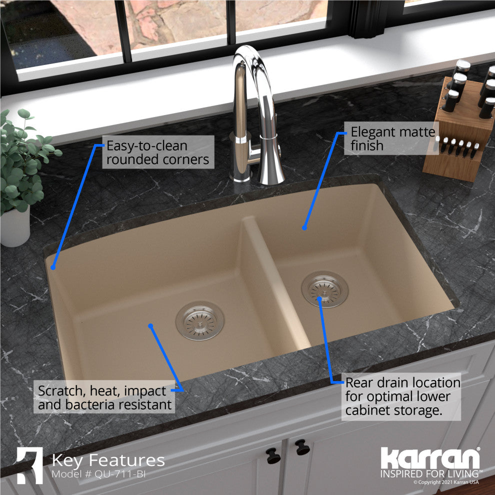 Karran Undermount Quartz 32" 60/40 Double Bowl Kitchen Sink Kit, Bisque