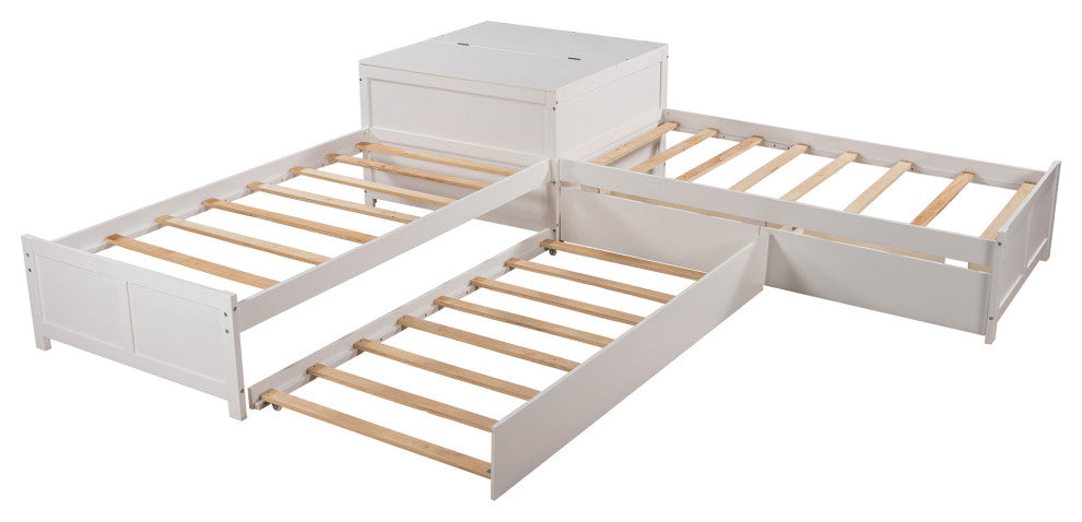 Twin Wood Frame Platform Bed with Trundle and Drawers , White, Twin