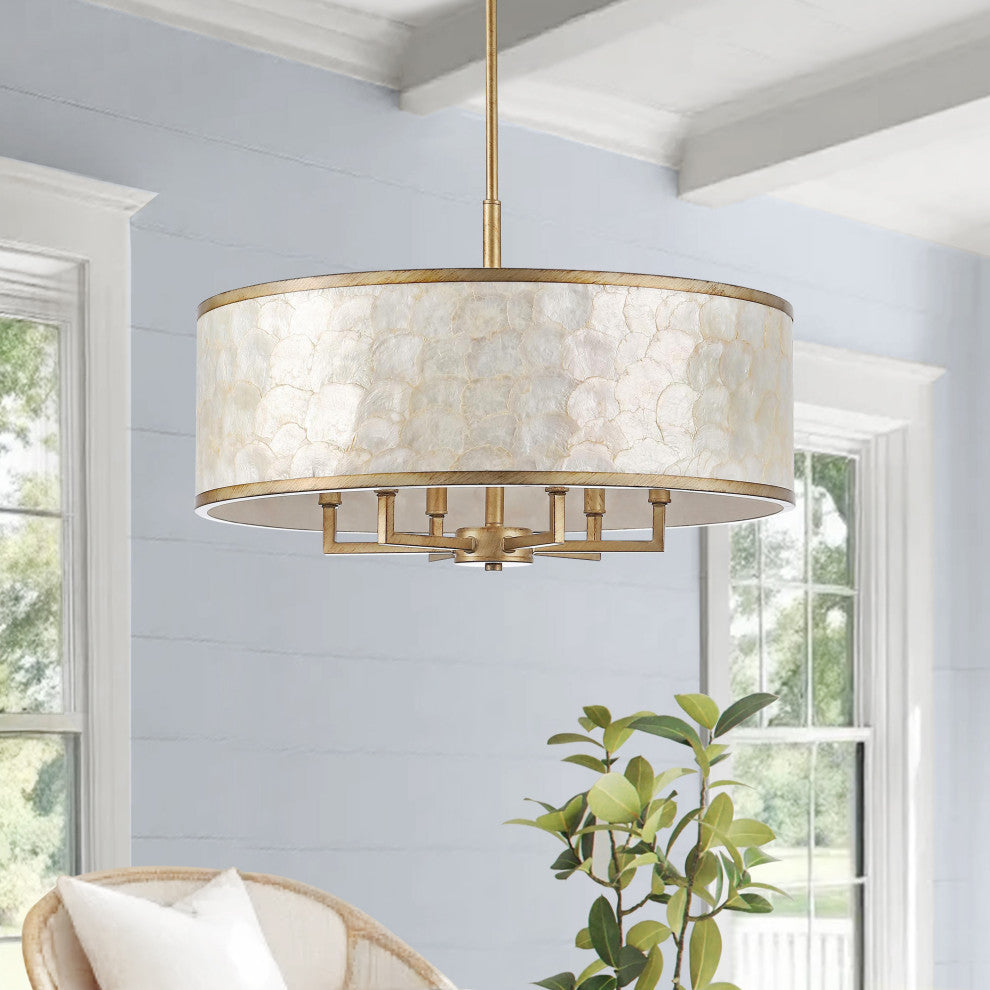 GetLedel 24-inch 6-Light Capiz Shell Drum Chandelier, Distressed Gold