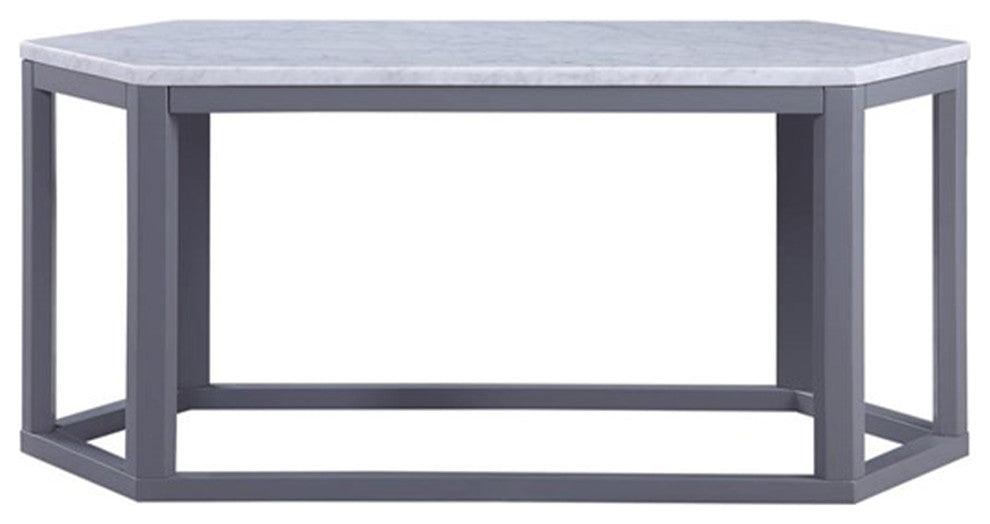 Hexagonal Shape Wooden Coffee Table with Marble Top, White and Gray