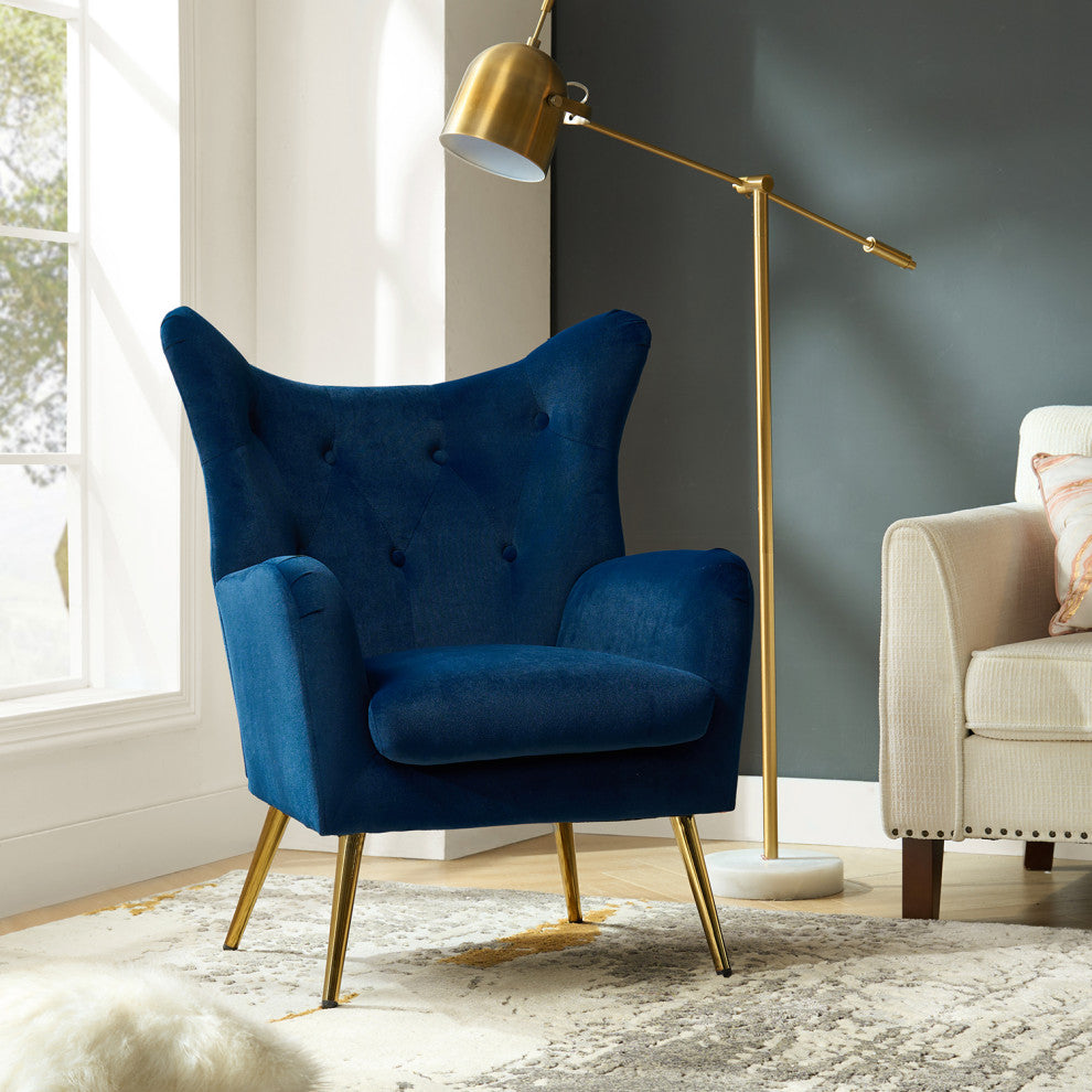 Tufted Accent Chair With Golden Legs, Navy