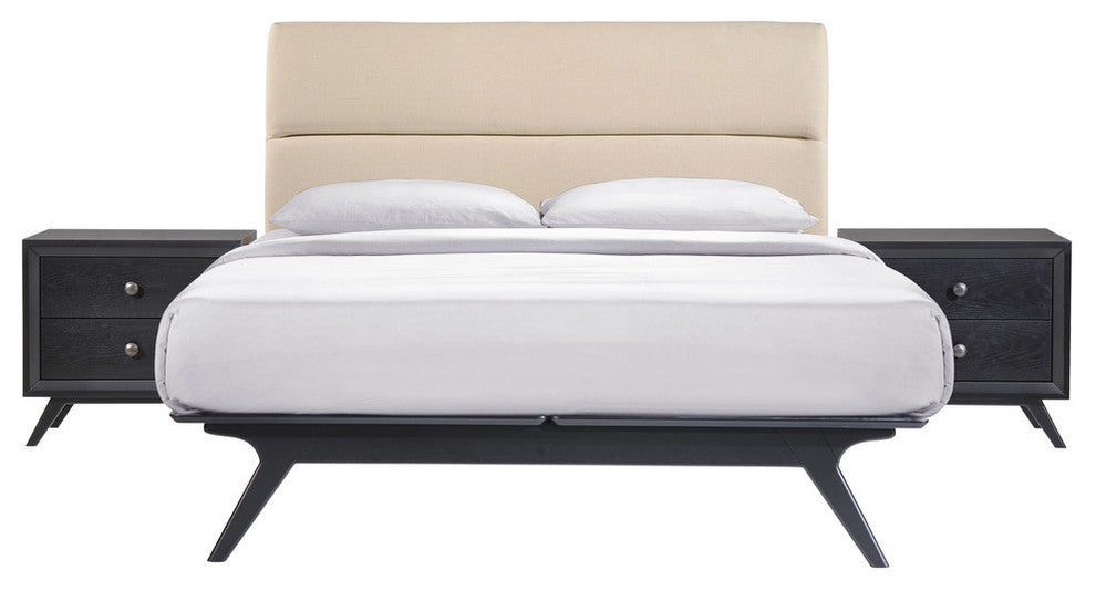Modern Urban Contemporary 3-Piece Set Queen Size Bedroom Set, Beige Fabric Wood