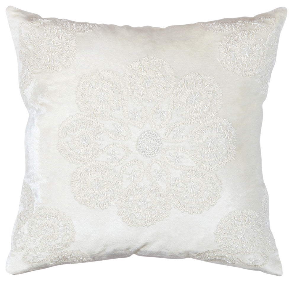 Naples Embroidered Pillow, Ivory/Silver