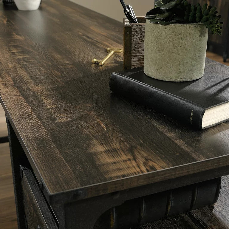 Farmhouse Desk, L-Shaped Design With Metal Base & Lower Drawers, Carbon Oak