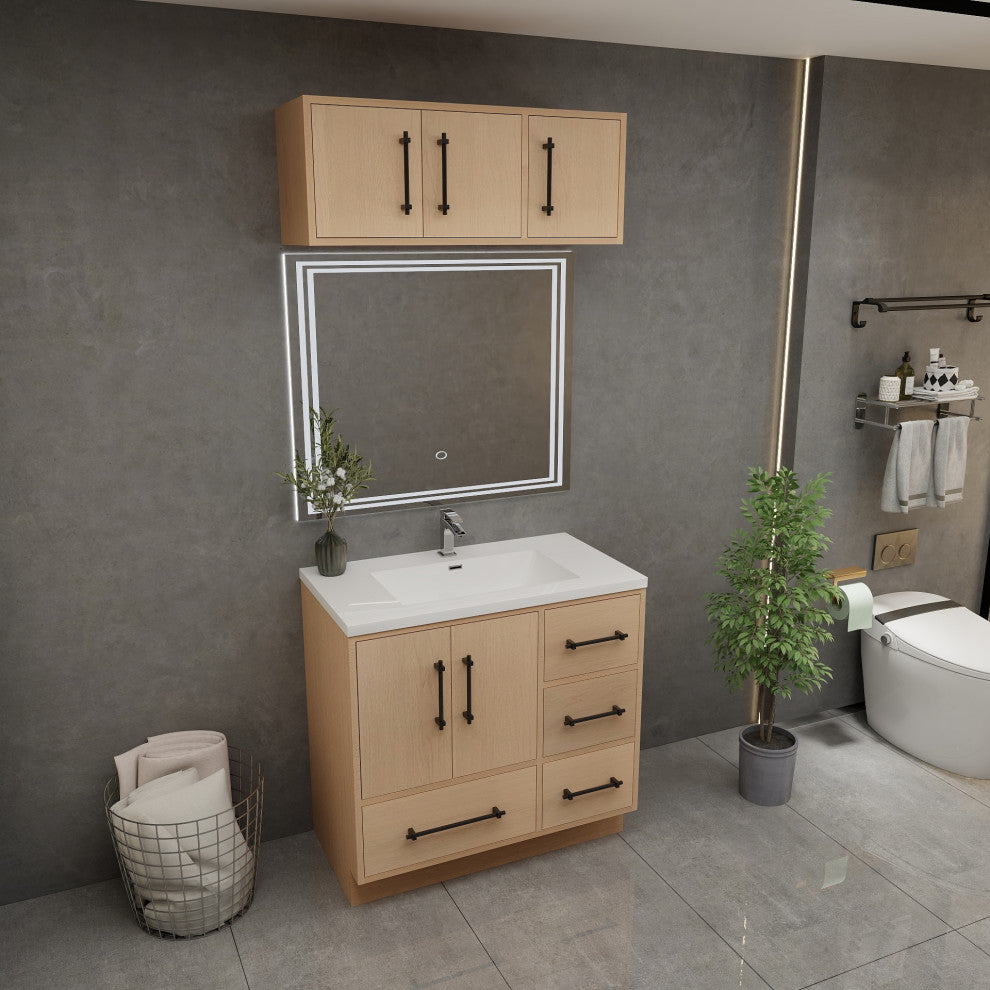 Victoria 36" Solid Wood Bath Vanity, Overhead Cabinet, Yellow Oak