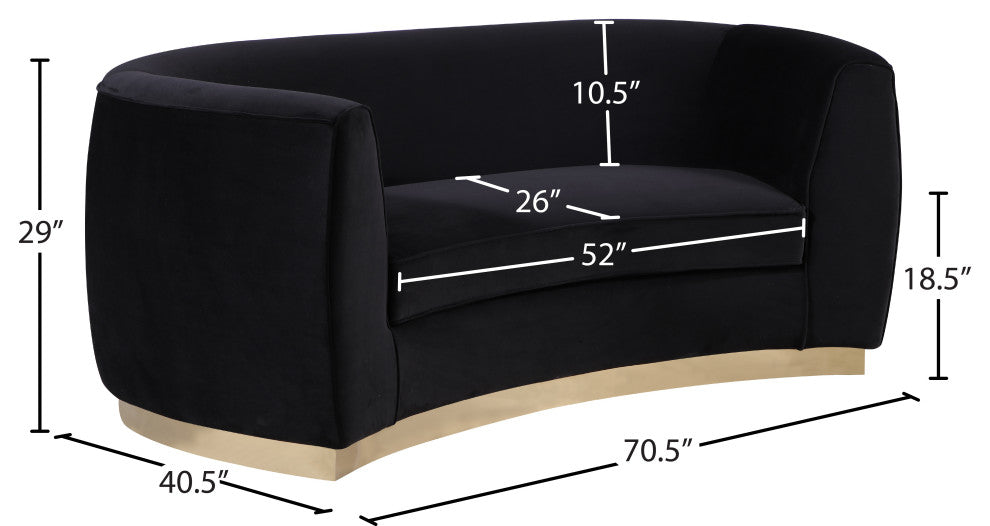 Julian Velvet Upholstered Loveseat, Black, Gold Base