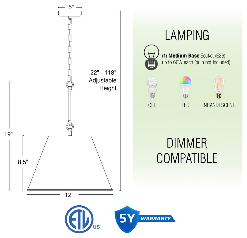 Kira Home Vida 12" Pendant Light, Metal Empire Shade, Adjustable Hanging Height