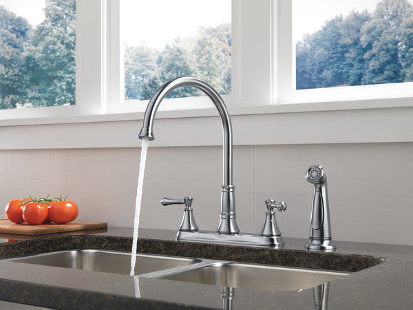 Delta Cassidy Two Handle Kitchen Faucet With Spray, Arctic Stainless, 2497LF-AR