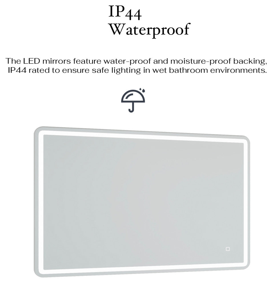 Rectangular Frameless Wall-Mount Anti-Fog LED Light Bathroom Vanity Mirror, 28x4