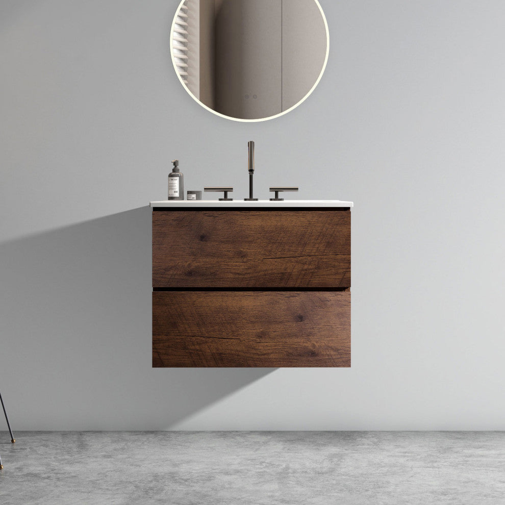 Wall-Mounted Bathroom Vanity Set with Ceramic Sink with three faucet holes, Walnut, 24"