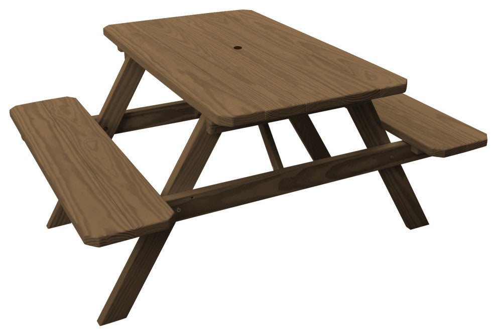 Pressure Treated Pine Picnic Table with Attached Benches, Mushroom Stain, 5 Foot, With Umbrella Hole
