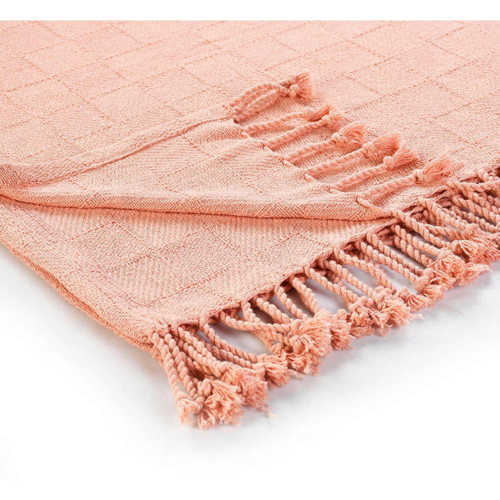 Checkered Weave Throw Blanket with Fringe, Coral Pink