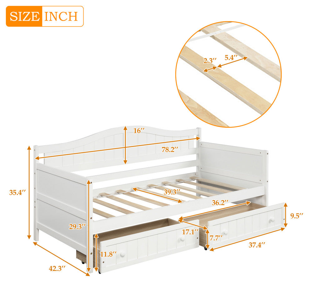 Gewnee Wood Twin Size Daybed with 2 Drawers in White