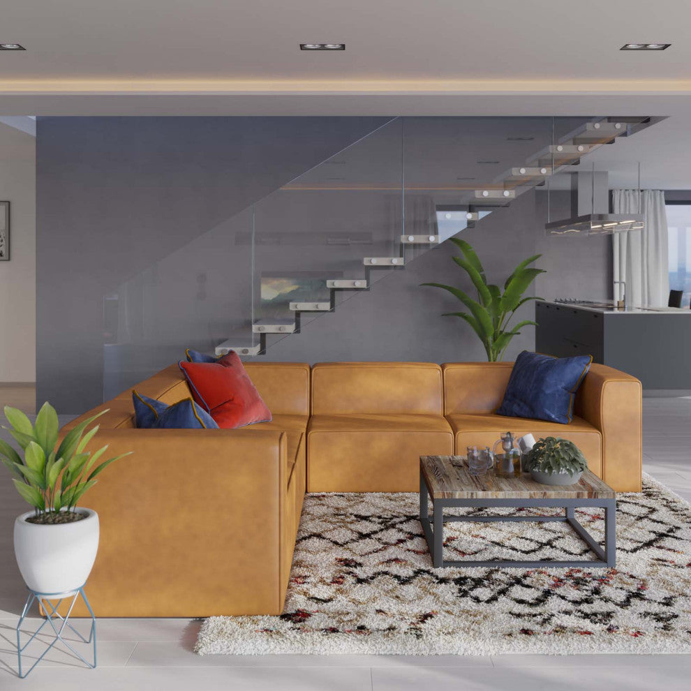Sectional Sofa Set, Faux Vegan Leather, Tan, Modern, Living Lounge Hospitality