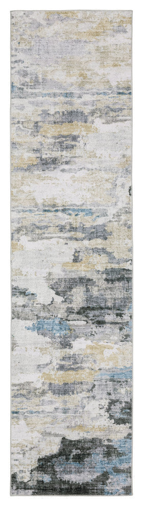 Michaela Machine Washable Distressed Grey/ Blue Area Rug, Ivory, 2'x8'