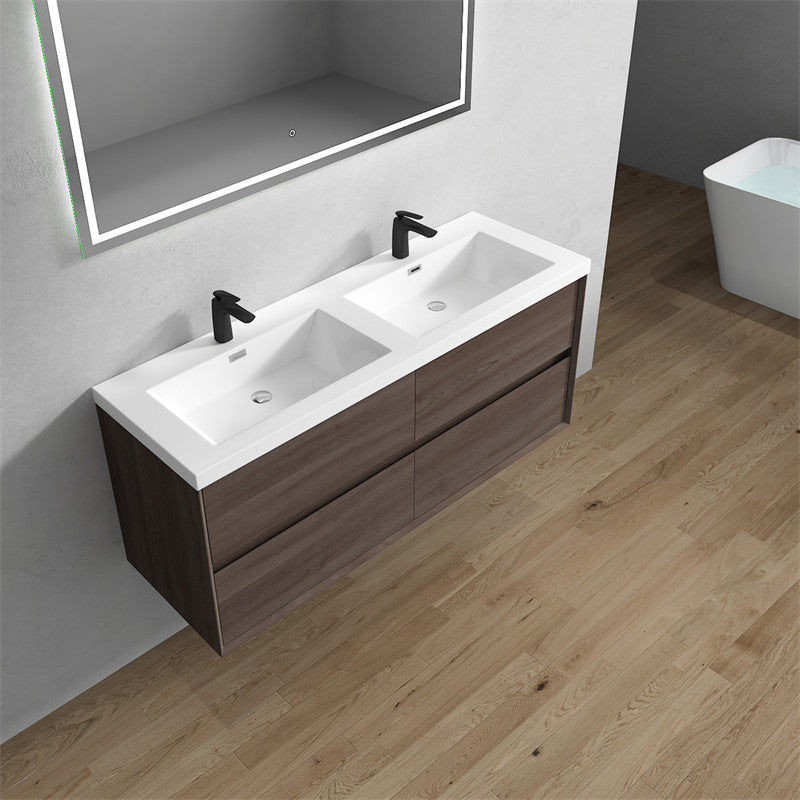 Ashley 60'' Floating Vanity, Acrylic Top, Double Sink, Red Oak