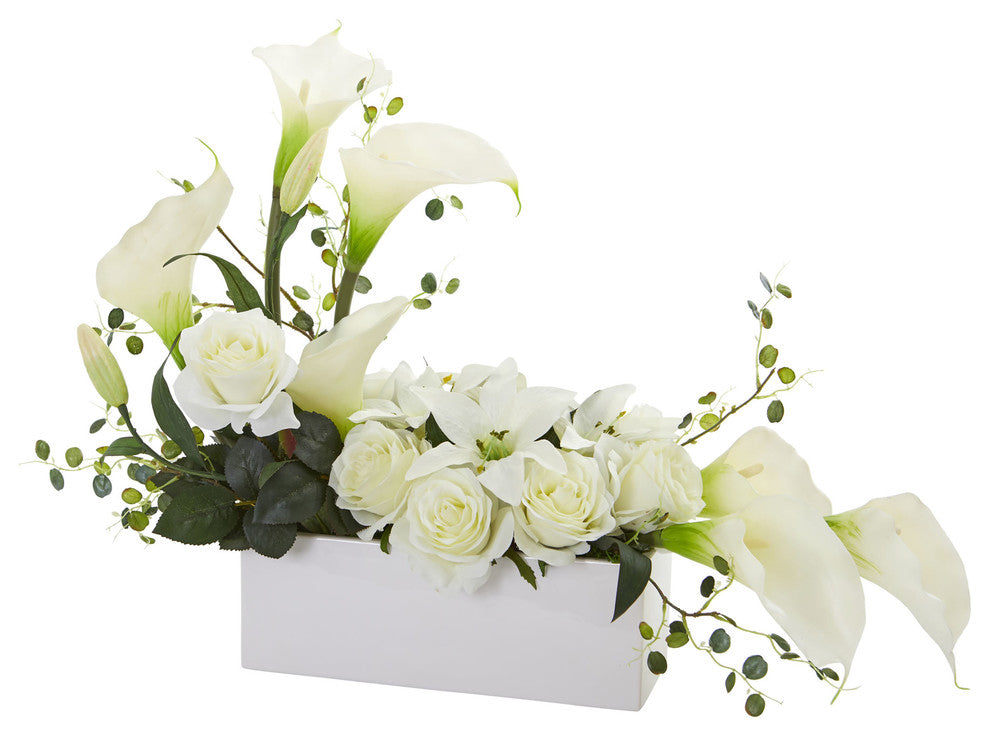 Nearly Natural Mixed Lily and Rose Artificial Arrangement White