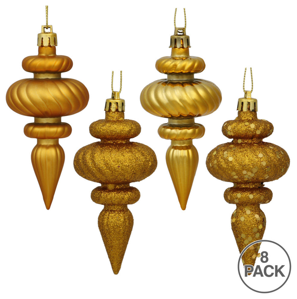 Vickerman N500030 4" Antique Gold 4-Finish Finial Ornament, 8 Per Box
