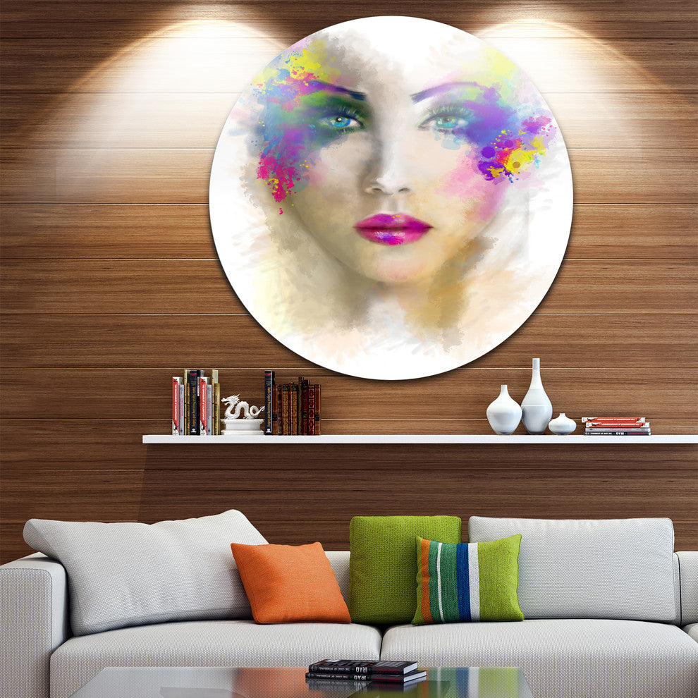Fantast Woman With Blue Flowers, Portrait Digital Round Wall Art, 11"