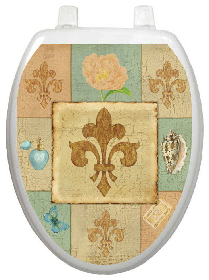 French Lily Collage Toilet Tattoos Seat Cover, Vinyl Lid Decal, Bathroom Accent, Elongated