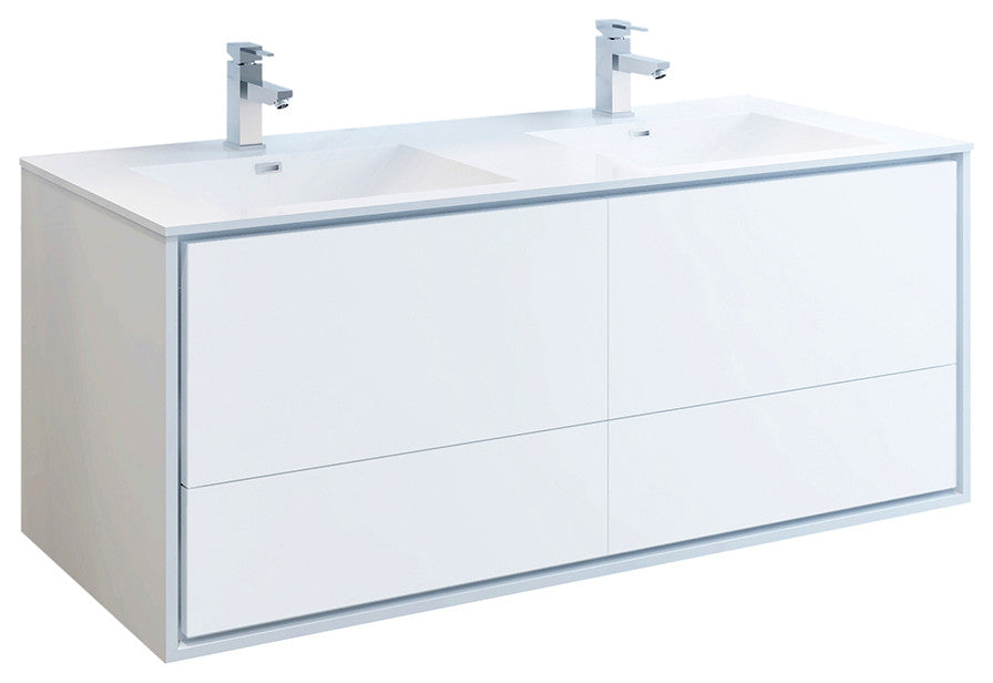 Fresca Catania 60" Gloss White Wall Hung Cabinet With Integrated Double Sink