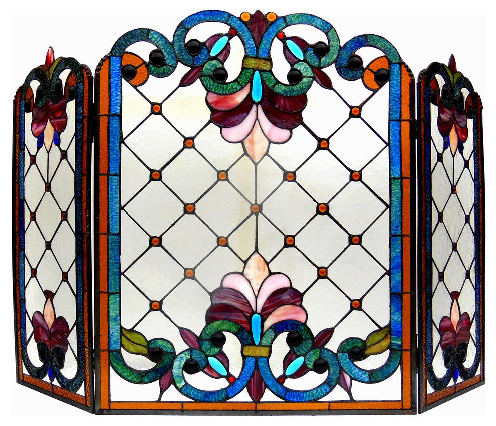 Chloe-Lighting Tiffany-Glass 3-Piece Folding Victorian Fireplace Screen