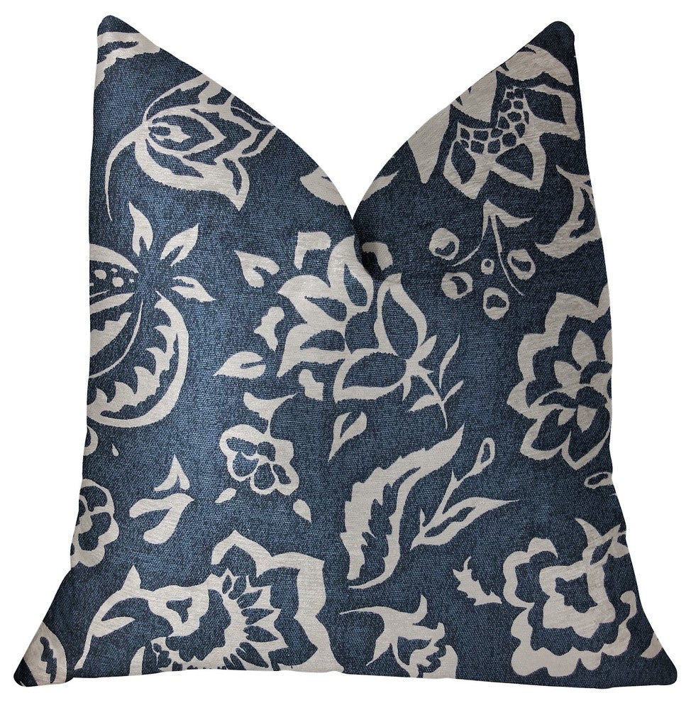 Elsi Pom Blue and White Luxury Throw Pillow, 24"x24"