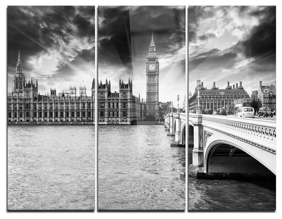"Westminster Palace in Gray Shade" Photography Metal Wall Art, 3 Panels, 36"x28"