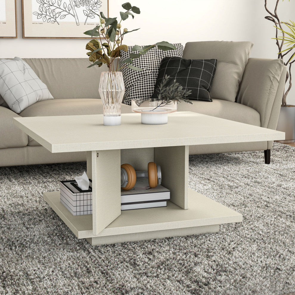 Boa Vista 31" Square Coffee Table With Shelf and Hidden Cabinet, Cream Weave