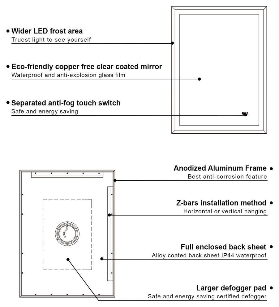 Beveled Bathroom LED Mirror Framed, Backlit and Front Light, Matte Black, 24"x32"