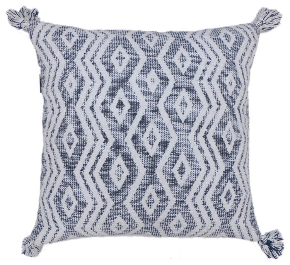 Blue & White Machine Woven with Tassels Dobson Throw Pillow, 20" x 20"
