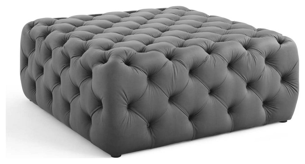 Tufted Accent Chair Ottoman, Square, Velvet, Gray, Modern, Lounge