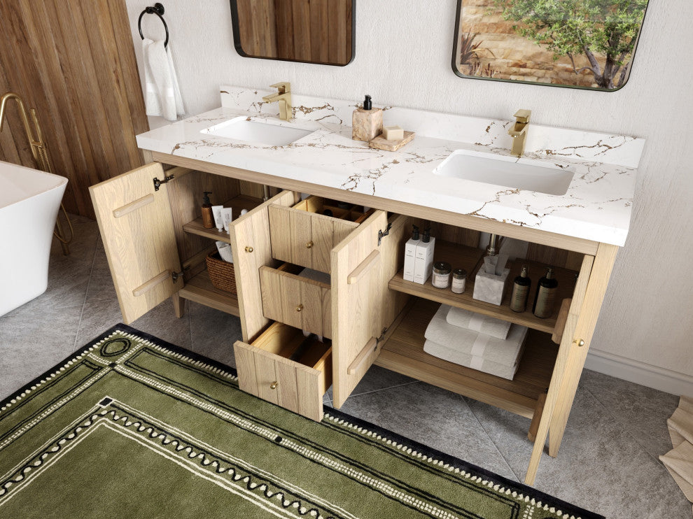 Atlanta Oak 72" Double Sink Bath Vanity, White 2" Venatino Quartz