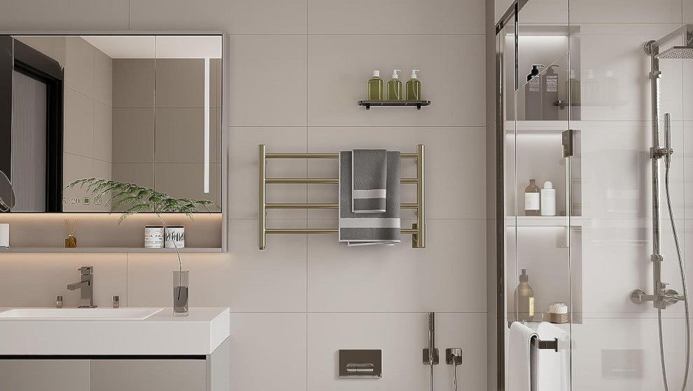 HEATGENE 4 Bar Wall-Mounted Plug-in / Hard-wiring Towel Warmer, Brushed Brass