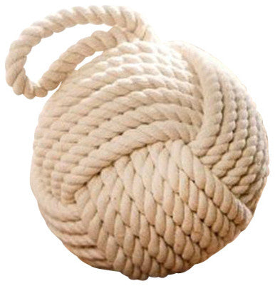 6" Dia. Cream Monkey Fist Rope Knot Door Stopper, Nautical Wedge, Bookend- Ivory
