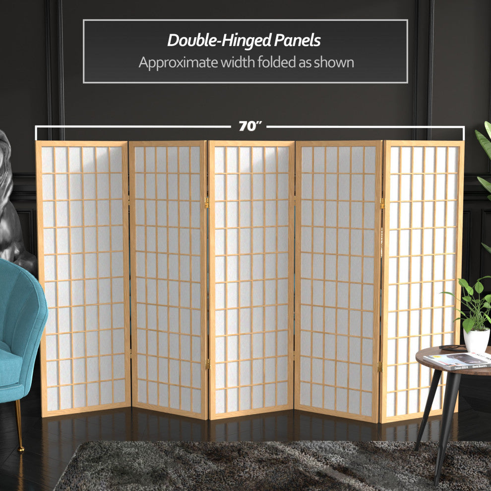 4' Tall Window Pane Shoji Screen, Natural, 5 Panels
