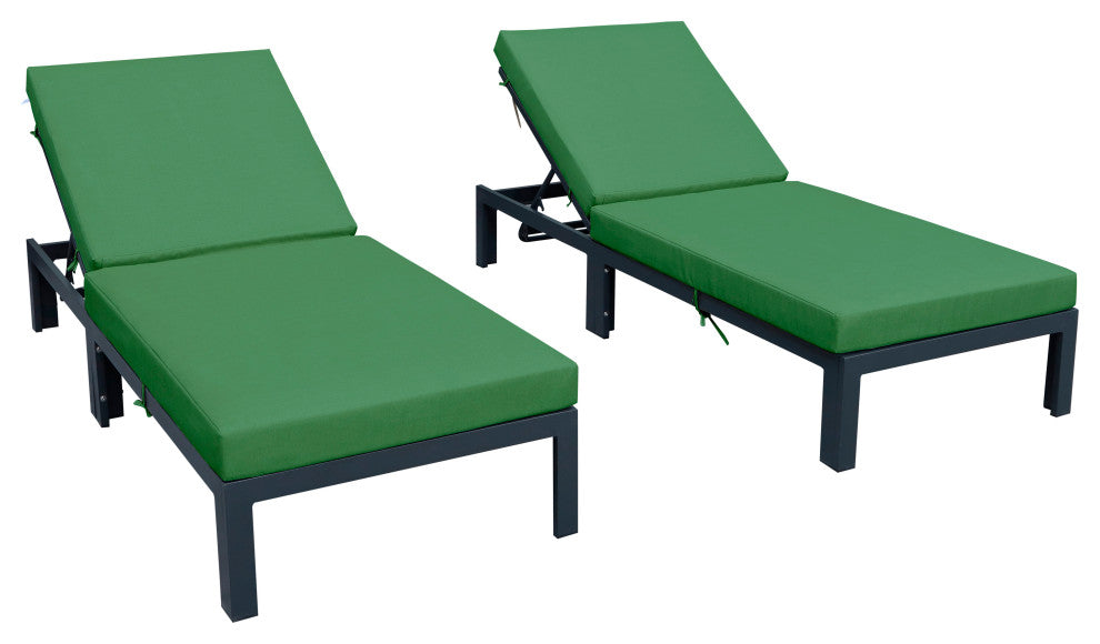 LeisureMod Chelsea Aluminum Chaise Lounge Chair With Cushions, Set of 2, Green